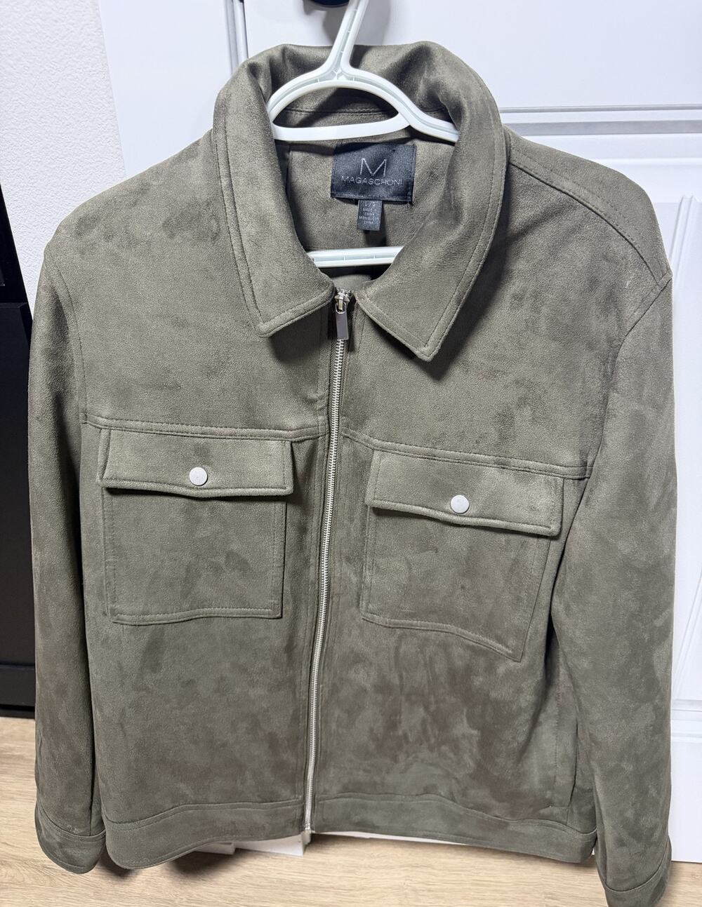 Magaschoni Faux Suede Zip Front Jacket Mens L Olive Green Snap Pockets Lined